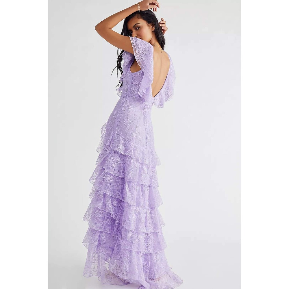 Sau Lee Lavender Lace Rosie Gown, Tiered Skirt Low Back‎ Boho Romantic Formal 10 - Picture 2 of 13